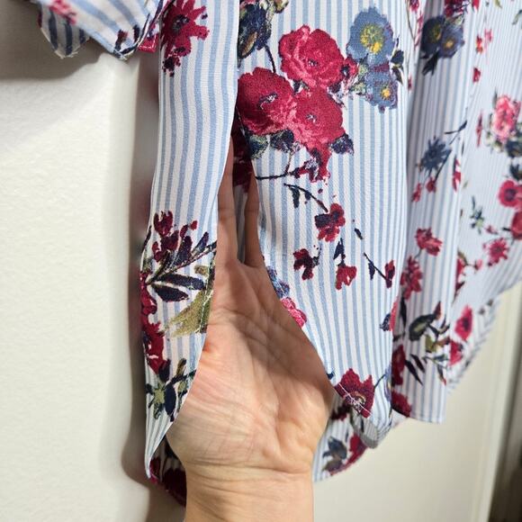 IZ BYER Blue & White Striped & Burgundy Floral Blouse Size XS - Picture 3 of 10